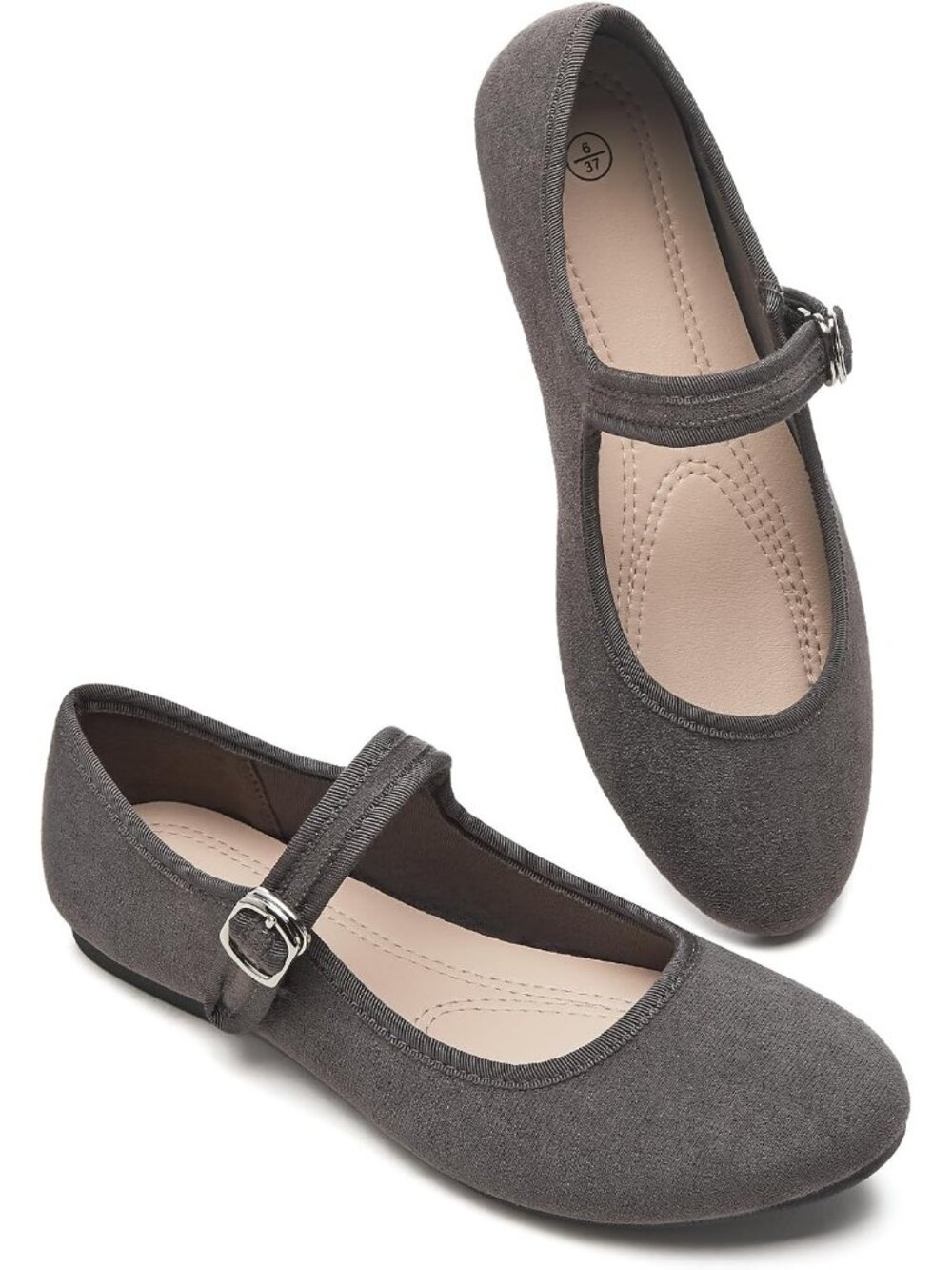 Women's Grey Faux Suede Adjustable Buckle Mary Jane Casual Dressy Flats Shoes